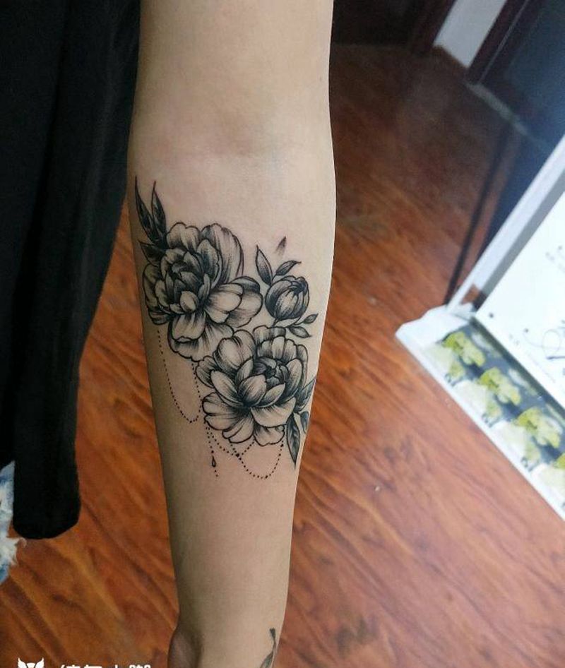 牡丹纹身图片_手臂清新国画植物成品纹身图案