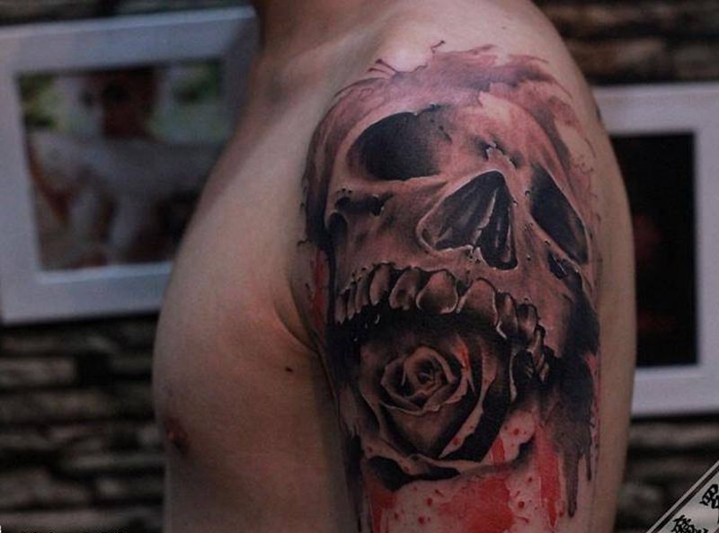 死亡之花纹身图片_成品手臂欧美写实植物人物原创3D宗教纹身图案