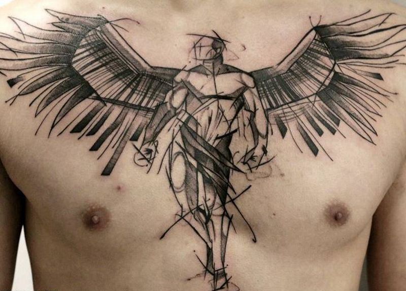 抽象天使 与胸肌完美结合纹身图片_胸部图腾几何纹身图案