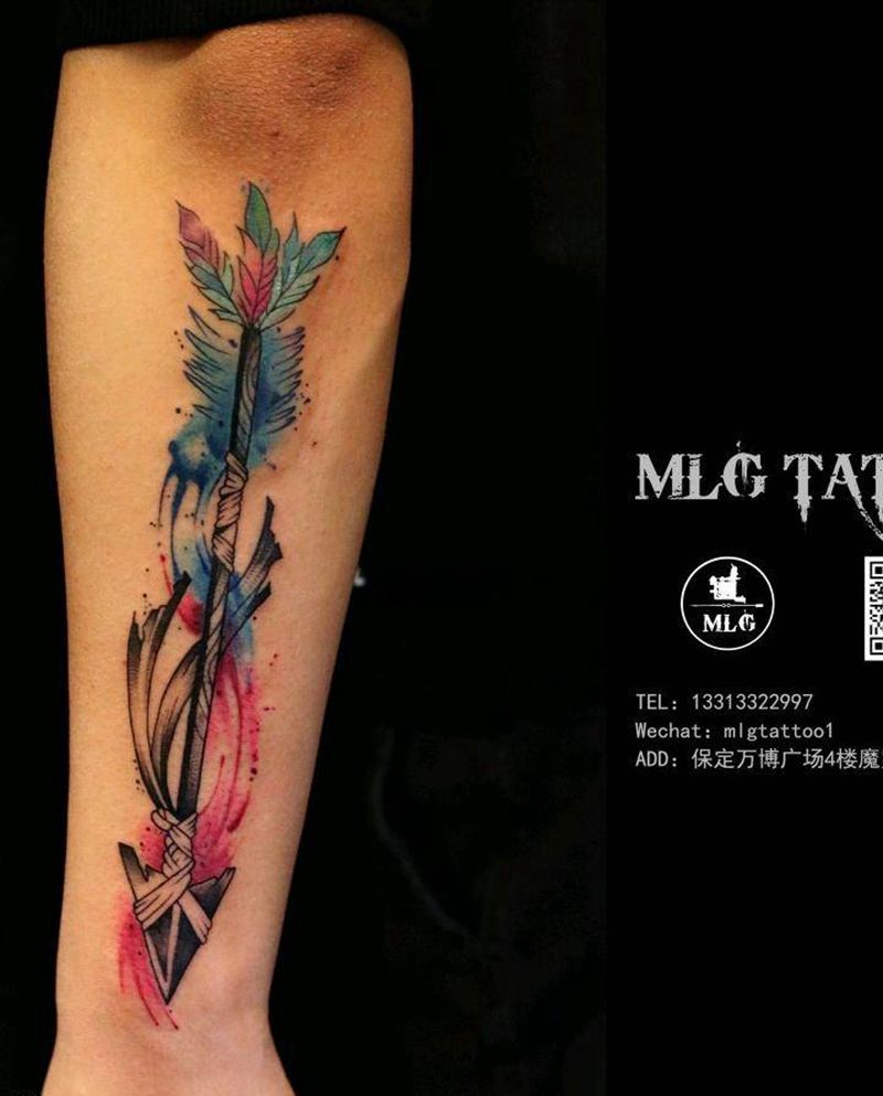 弓箭纹身图片_手臂水彩纹身图案