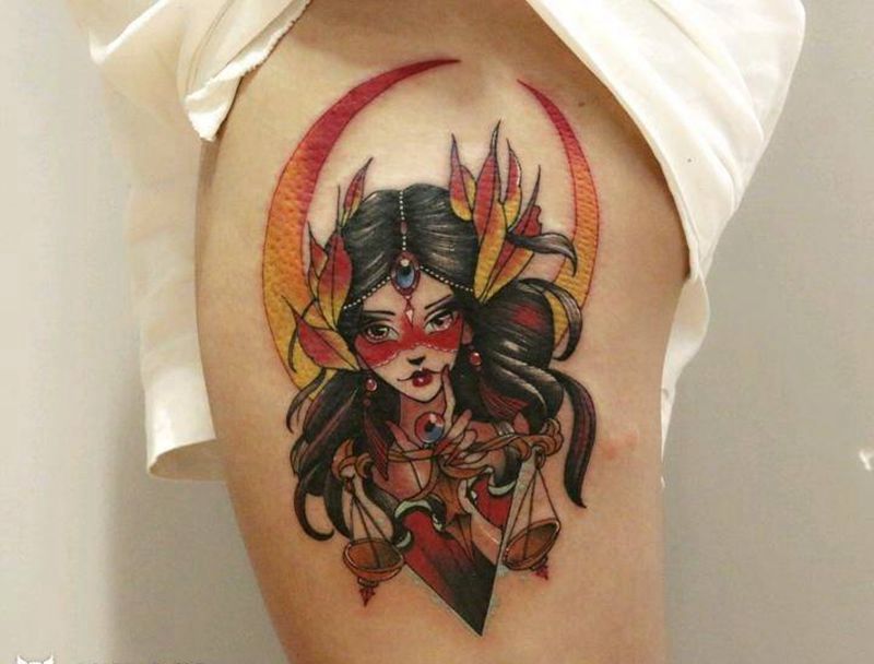 天秤座女郎纹身图片_腿部Old SchoolNew School纹身图案