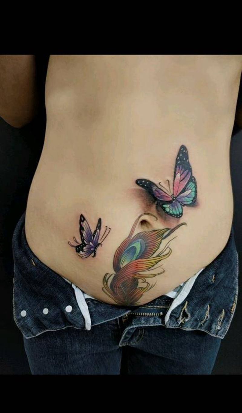 蝴蝶，孔雀翎遮盖纹身图片_腹部纹身图案