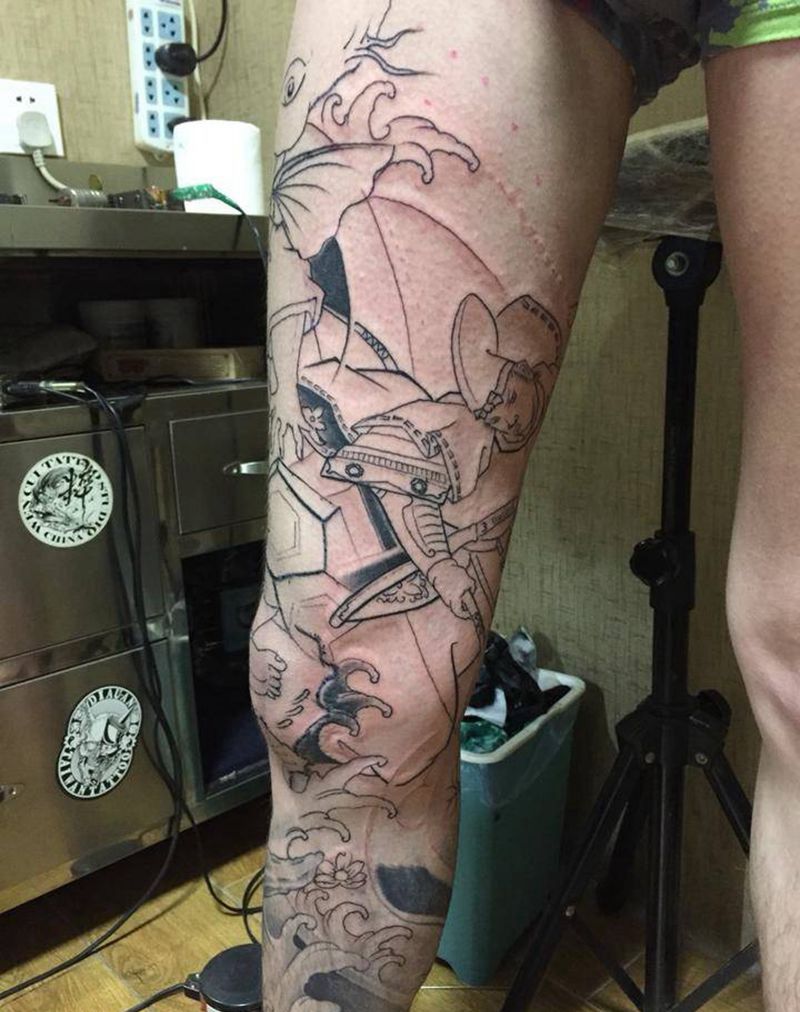 日式花腿割线纹身图片