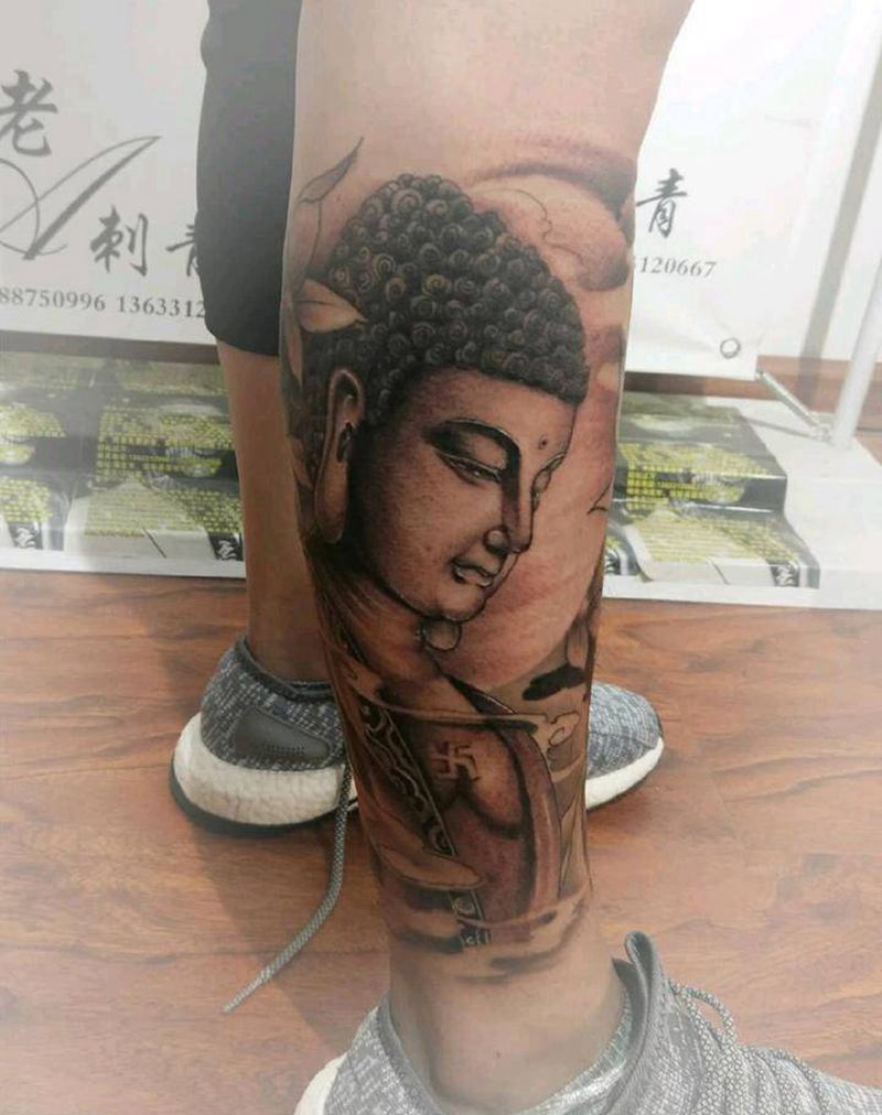 佛纹身图片_腿部老传统纹身图案