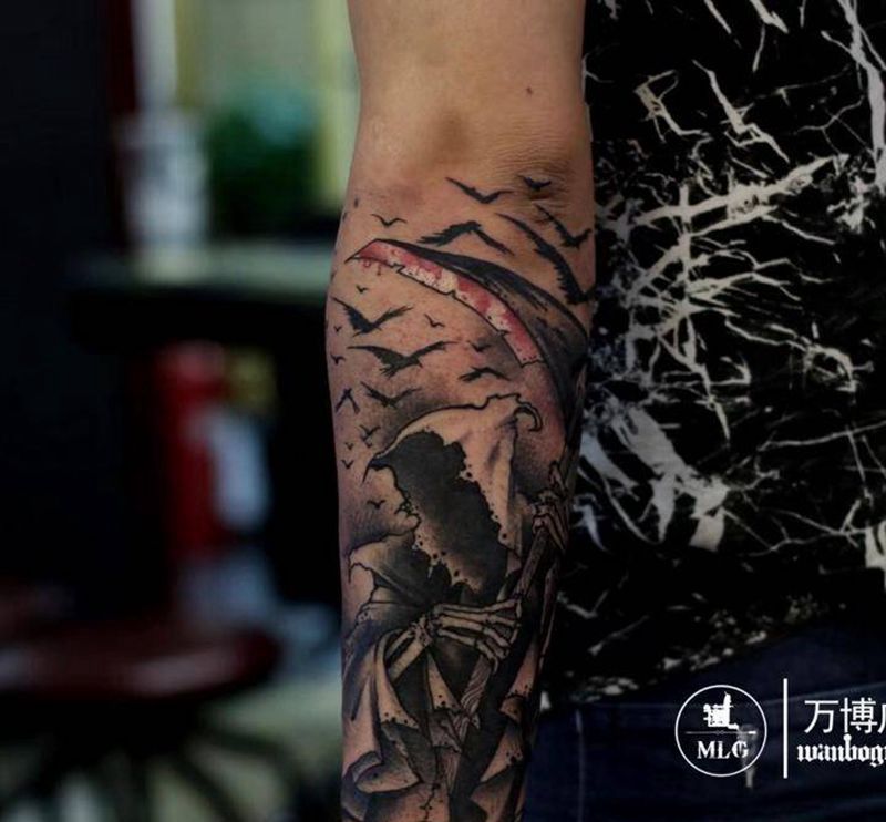 死神纹身图片_成品手臂欧美鬼神植物动物原创纹身图案