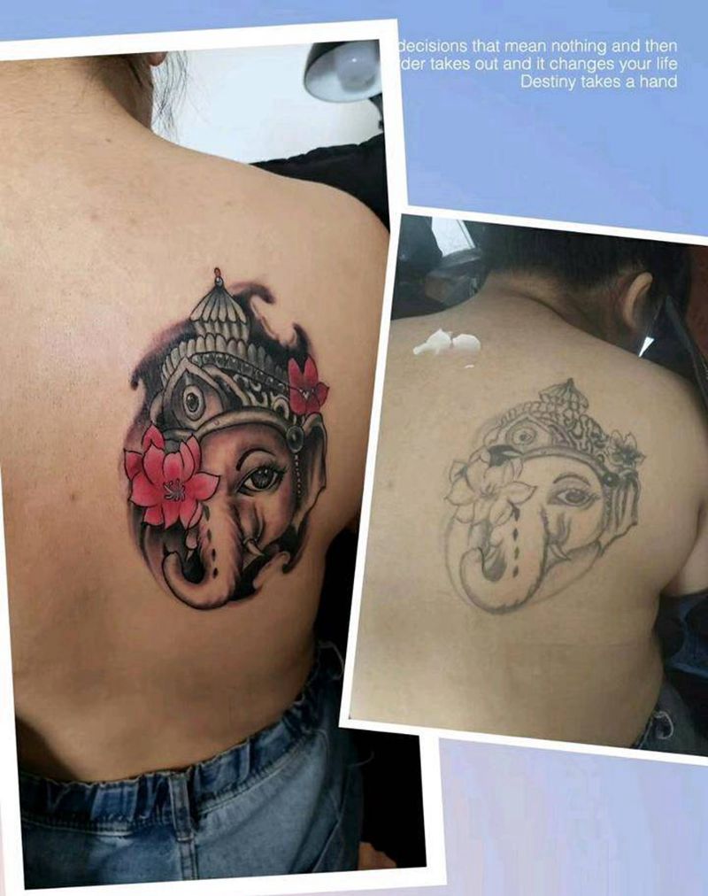 象神修改纹身图片_背部传统清新宗教成品纹身图案