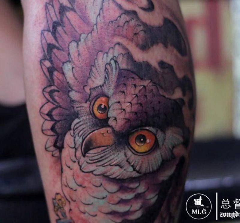 小腿猫头鹰纹身图片_成品腿部传统动物纹身图案