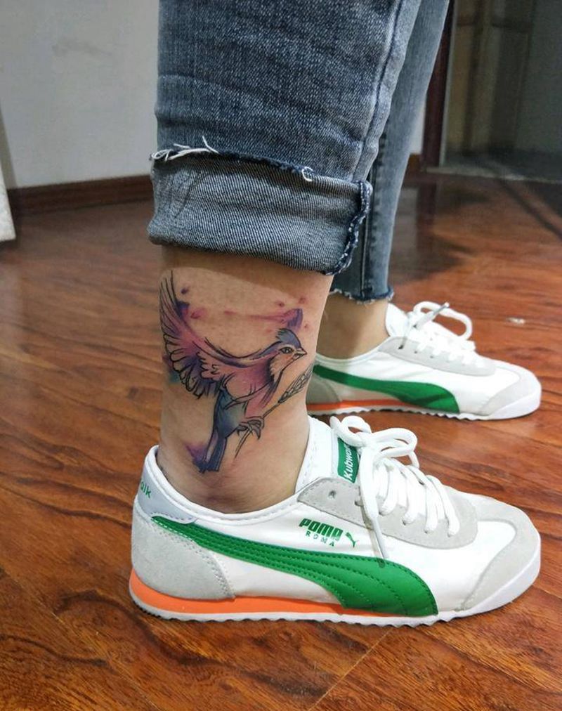 小小鸟纹身图片_腿部清新国画动物成品纹身图案