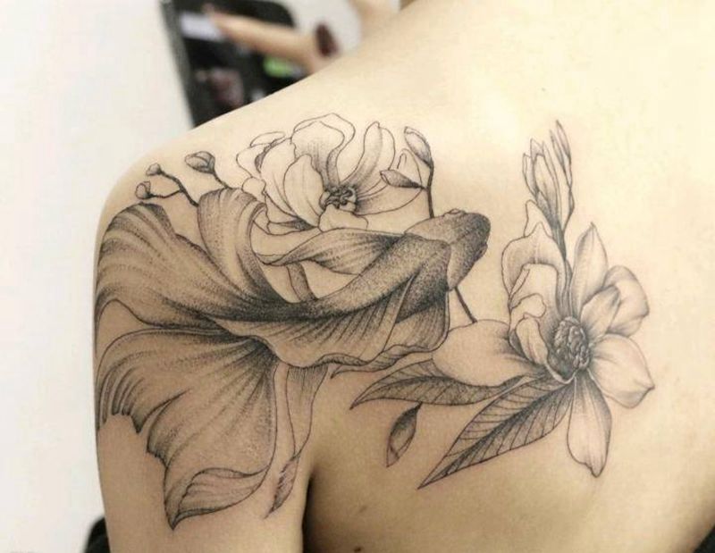 点刺金鱼 小清新作品纹身图片_肩部点刺纹身图案