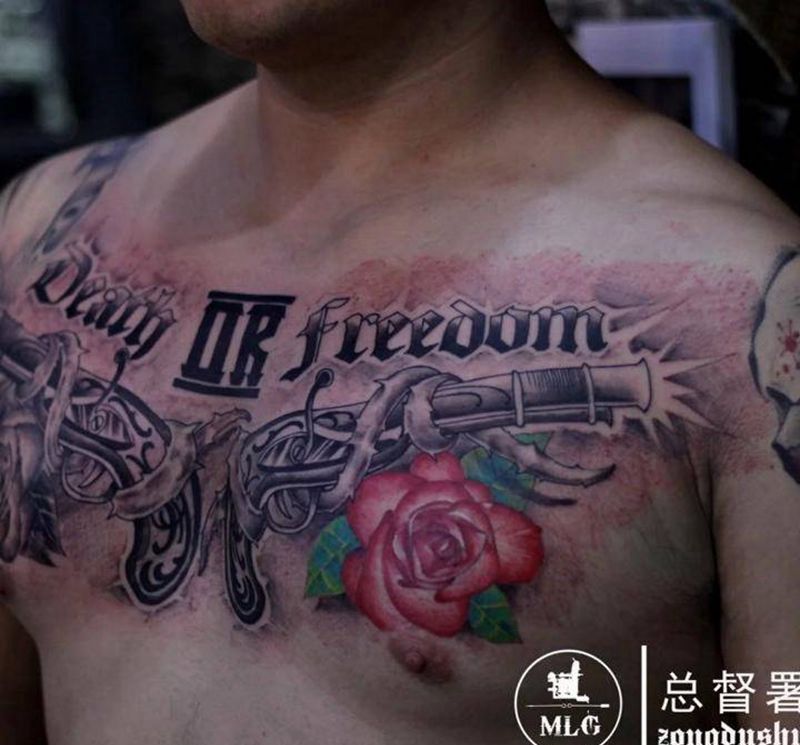 枪炮玫瑰纹身图片_成品胸部欧美写实宗教原创字符植物静物纹身图案