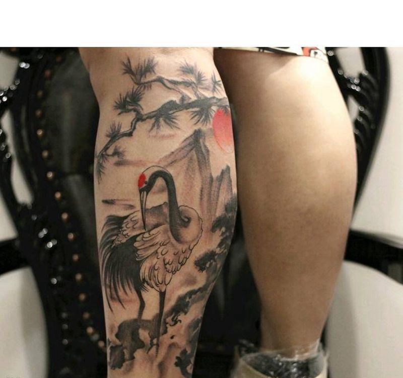 传统小腿  仙鹤纹身图片_腿部新传统老传统纹身图案