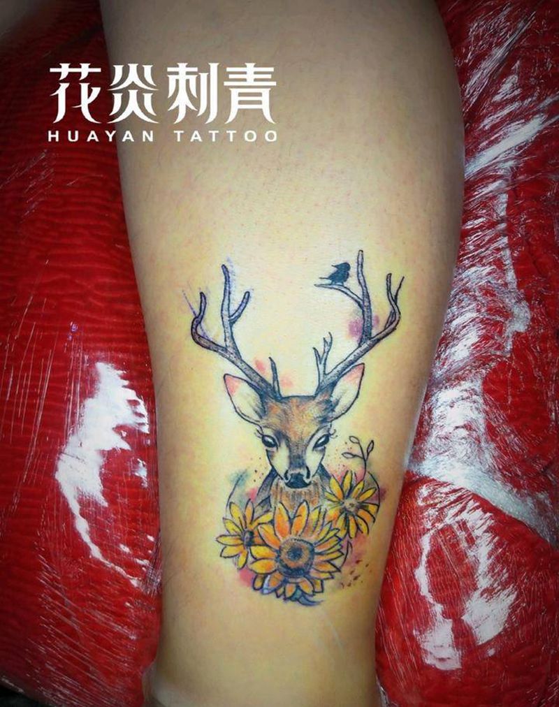 小鹿纹身图片_腿部小清新小鹿纹身图案