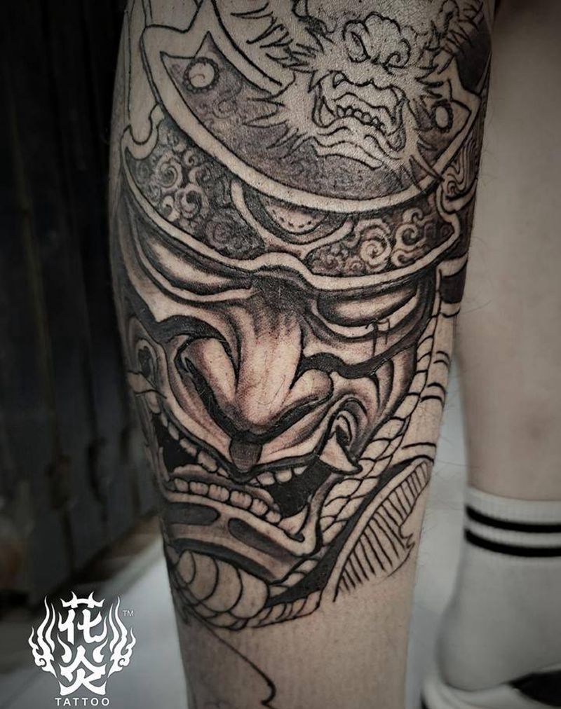 甲胄武士纹身图片_腿部新传统武士纹身图案