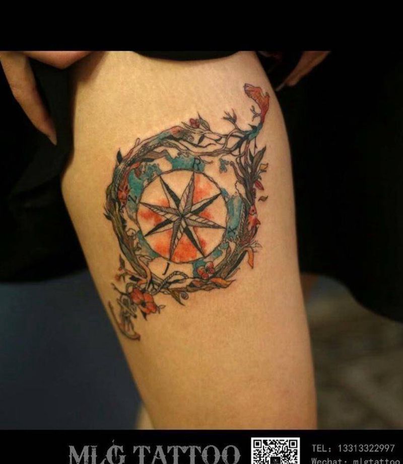 大腿彩色晕染纹身图片