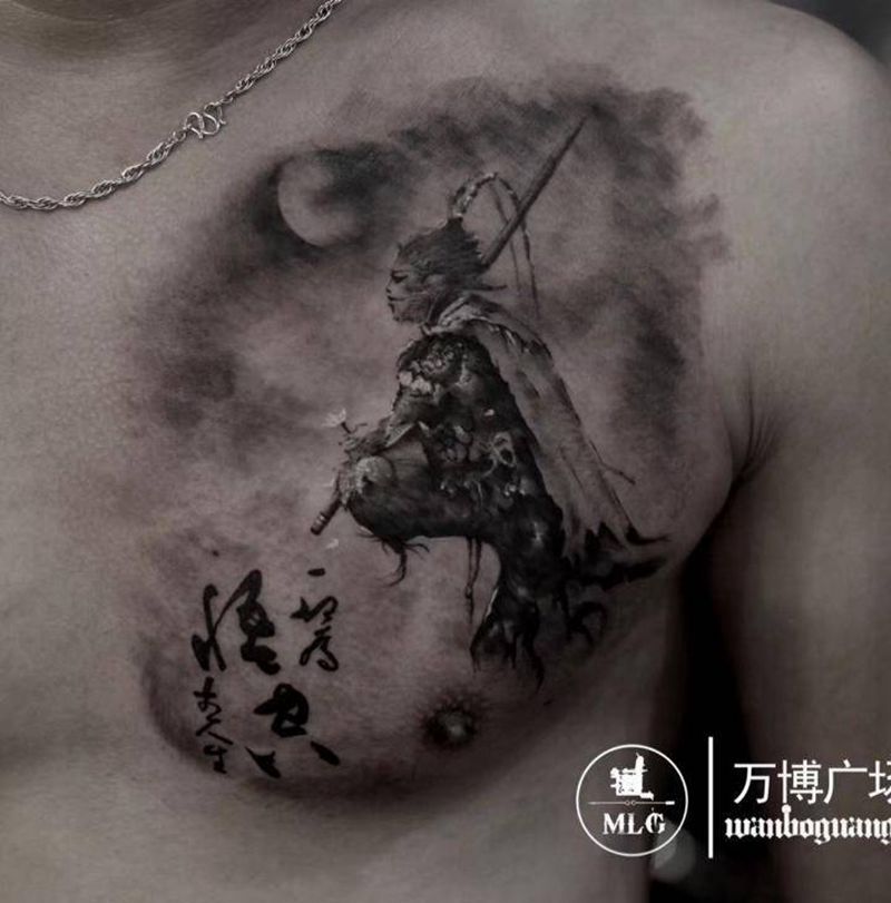 悟尽人生 一切为空纹身图片_成品胸部传统写实国画人物鬼神原创纹身图案