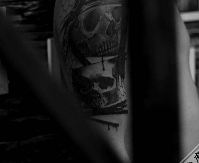 死亡风格骷髅纹身图片_手臂成品欧美写实肖像人物原创宗教鬼神纹身图案