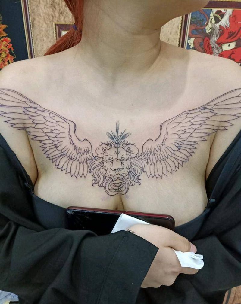 花胸线条纹身图片_胸部纹身图案