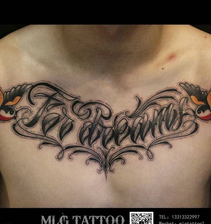 花体字纹身图片_胸部花体字纹身图案