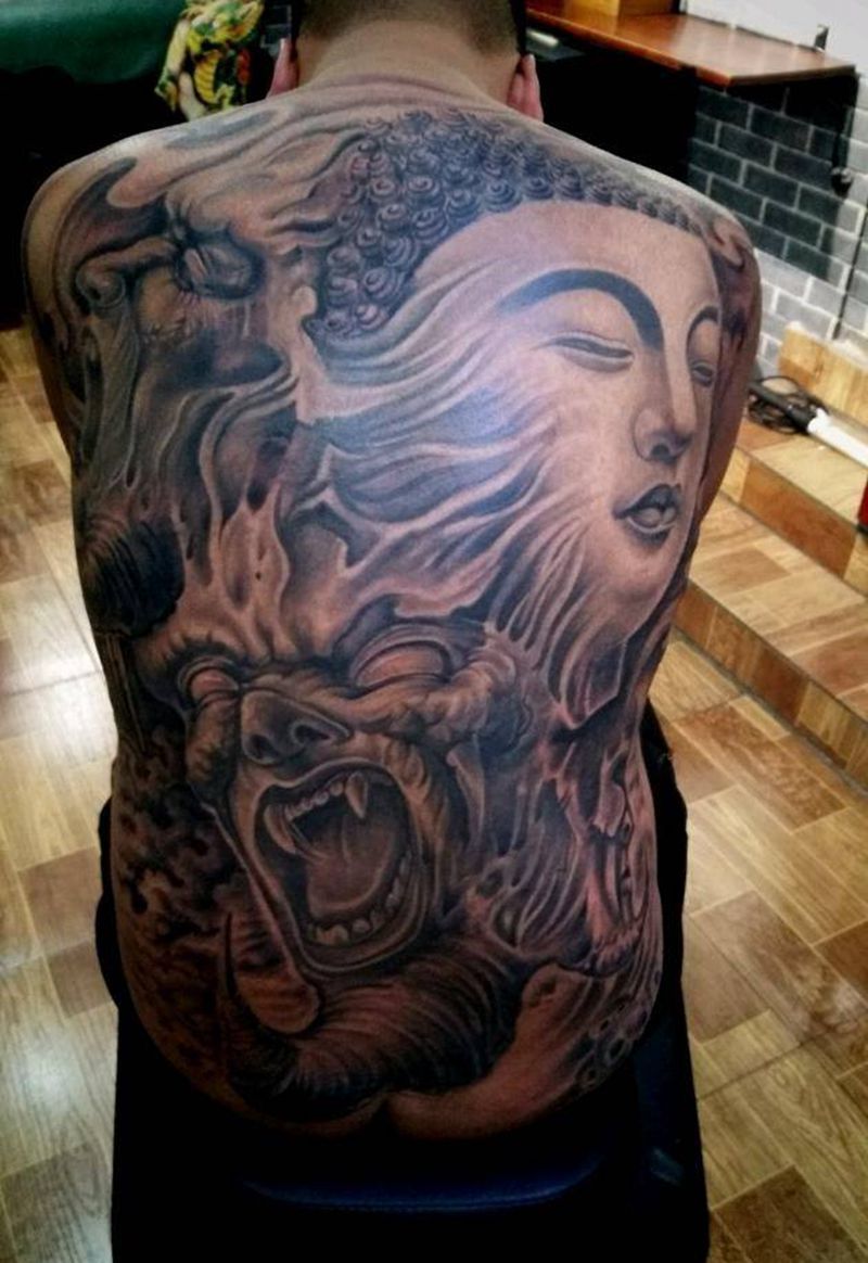 佛与魔纹身图片_背部新传统纹身图案