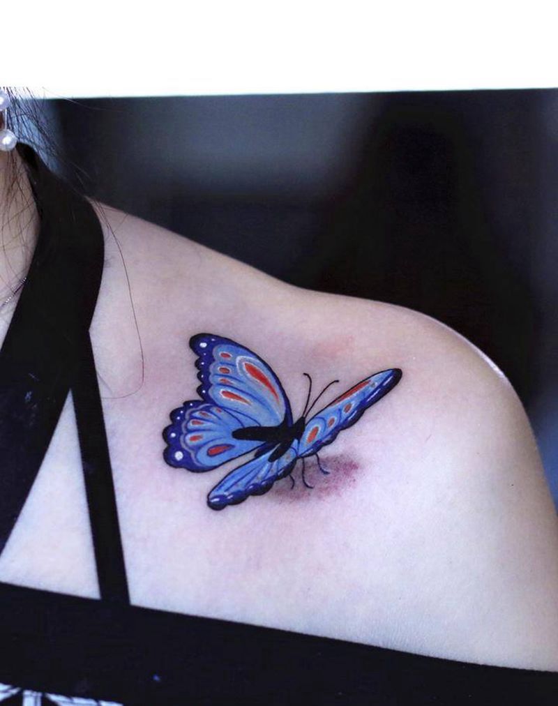 3D蝴蝶纹身图片_肩部水彩水墨纹身图案