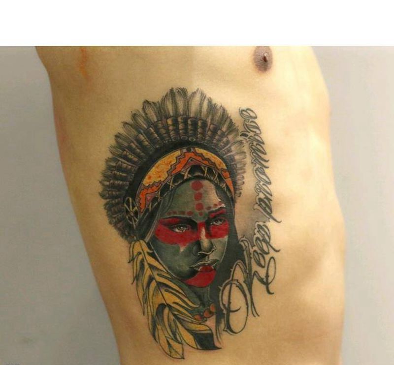 印第安女郎纹身图片_腰部Old SchoolNew School纹身图案