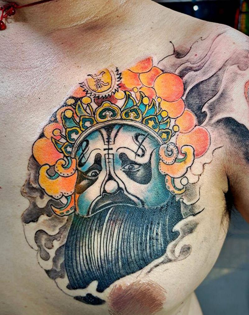 楚霸王脸谱纹身图片_胸部新传统纹身图案