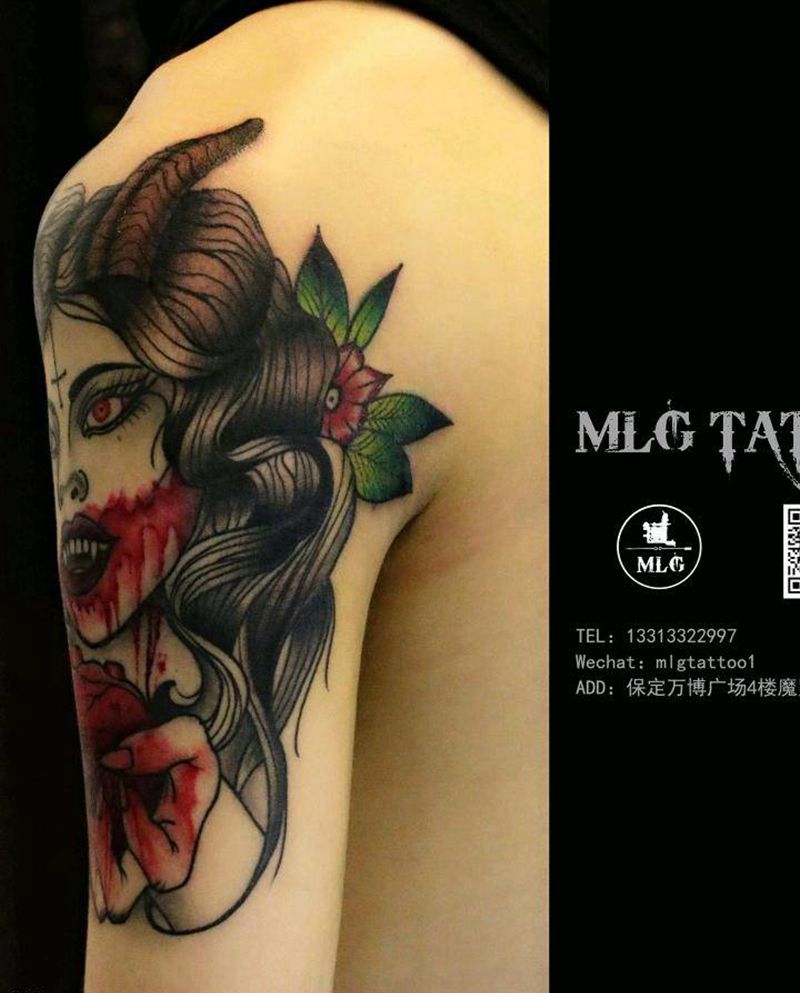 school女郎纹身图片_肩部手臂New School纹身图案