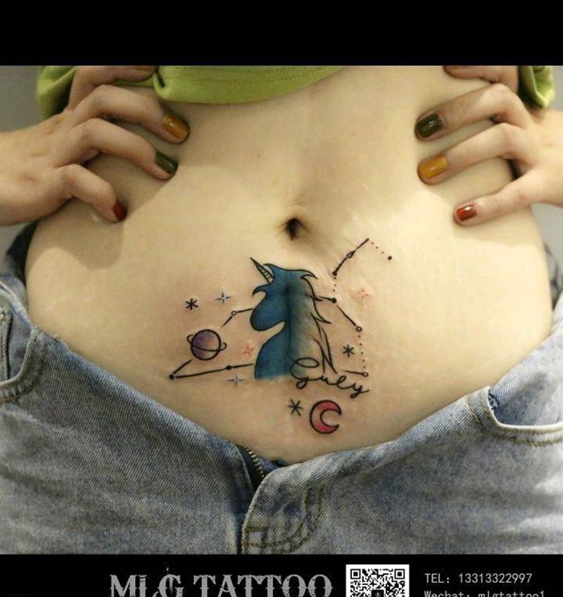 刨腹产遮盖作品纹身图片_腹部水彩纹身图案