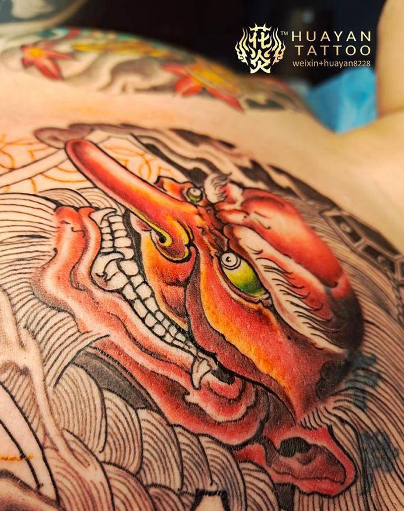 大天狗未完成。纹身图片_胸部新传统天狗纹身图案