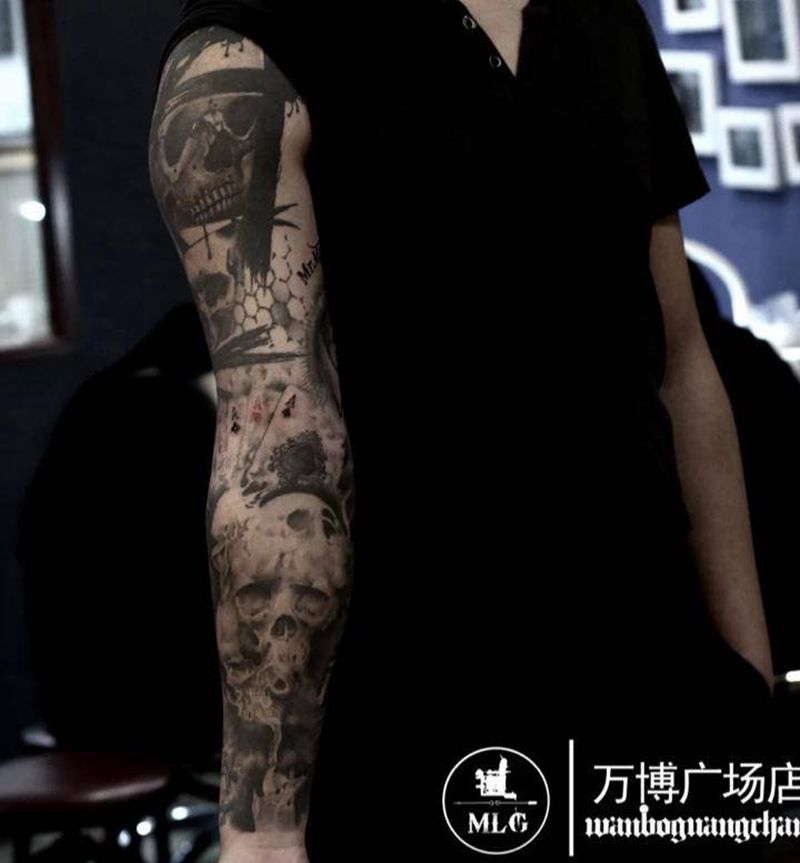 欧美死亡花臂纹身图片_成品手臂欧美写实肖像贴纸宗教原创人物植物纹身图案