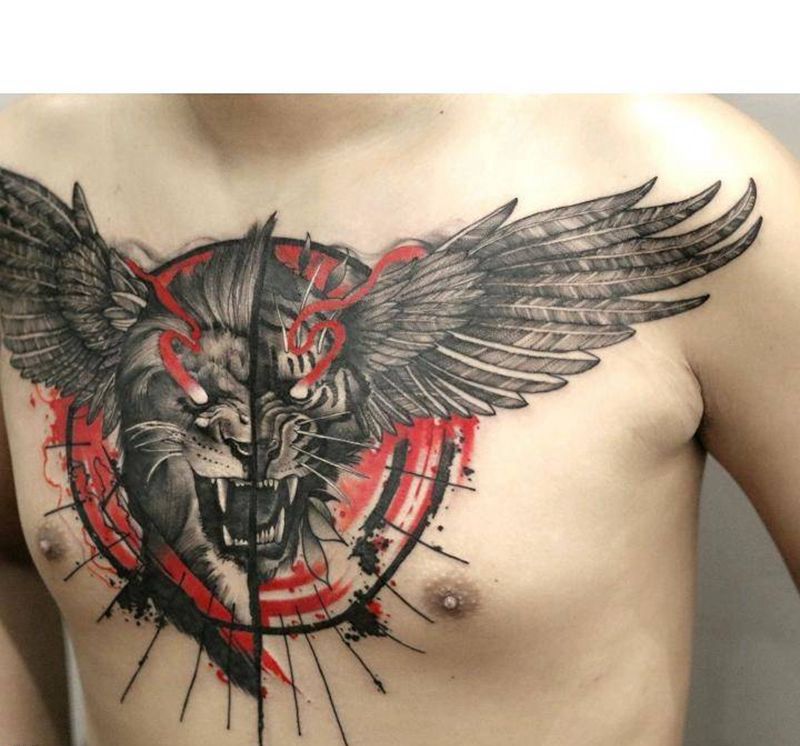 暗黑风格猛兽花胸纹身图片_胸部欧美写实纹身图案