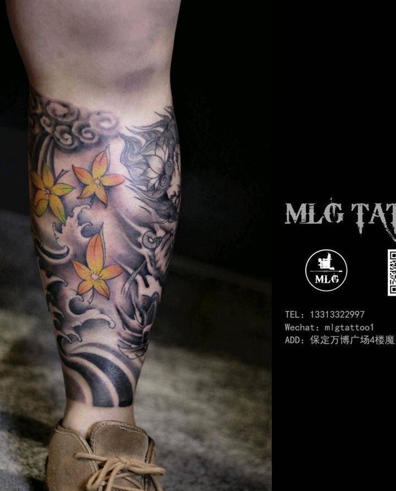 不动冥王纹身图片_腿部老传统纹身图案