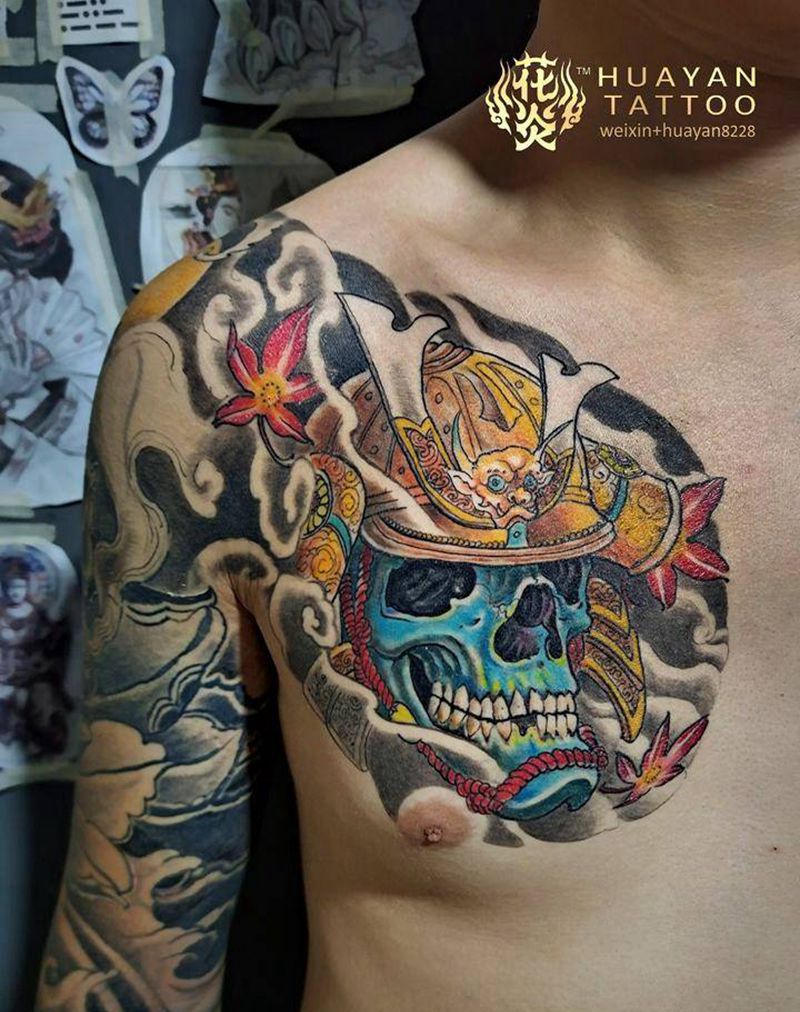 千尸将军纹身图片_胸部新传统骷髅纹身图案