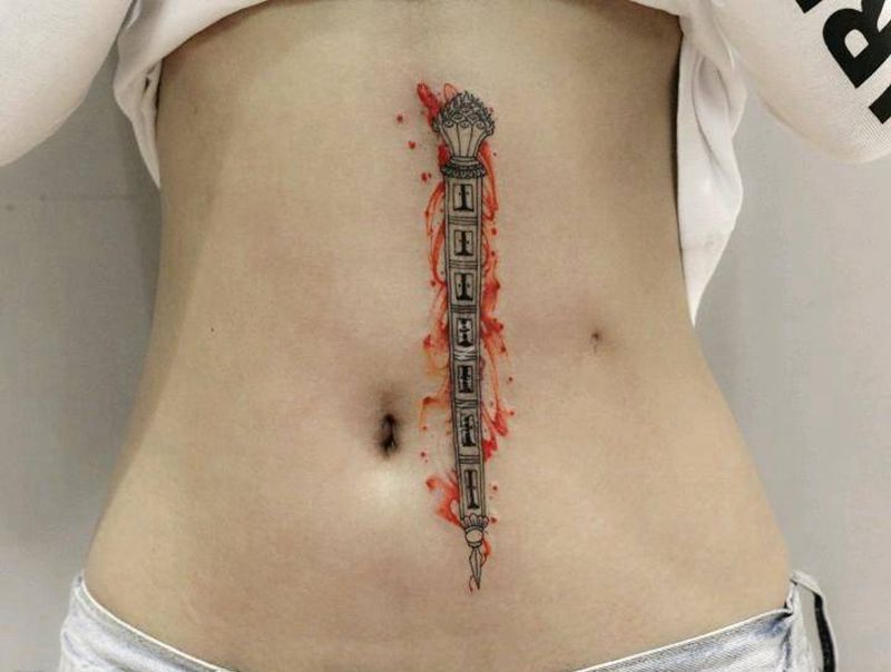 遮盖作品纹身图片_腰部水墨水彩纹身图案