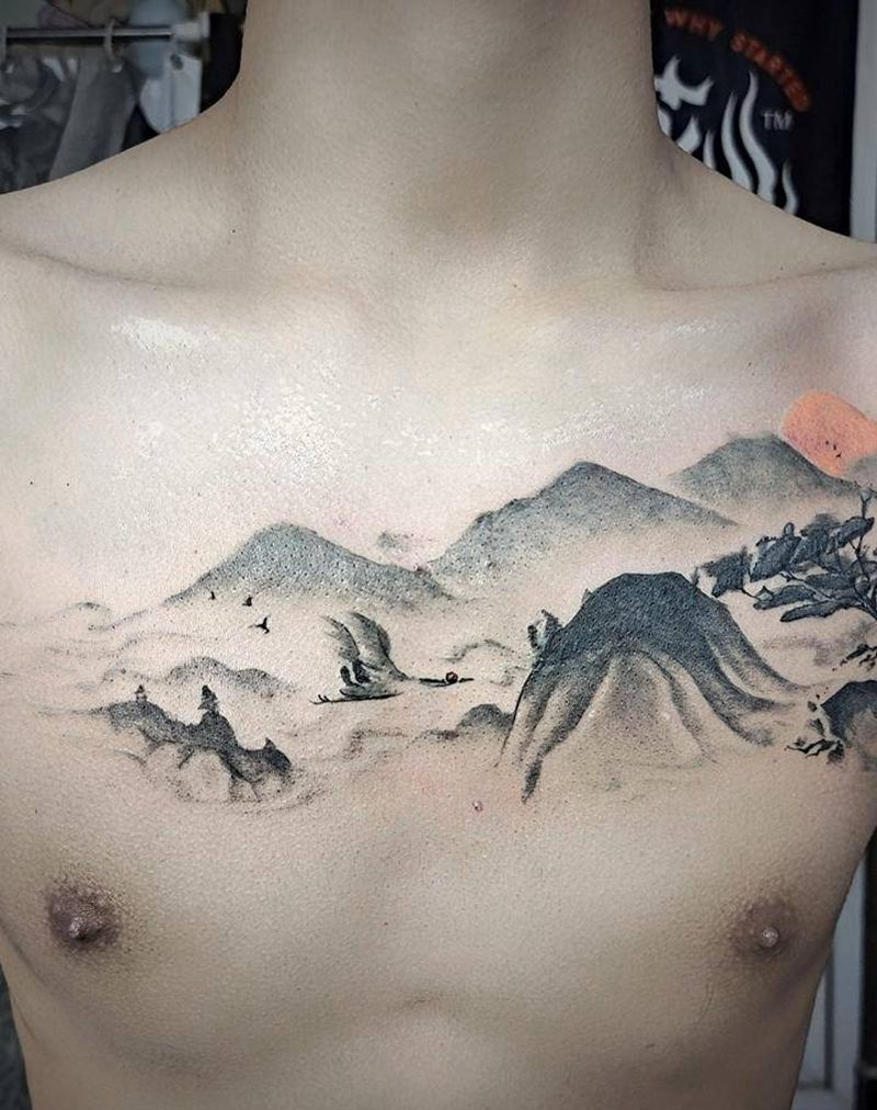 山水纹身图片_胸部新传统山水纹身图案