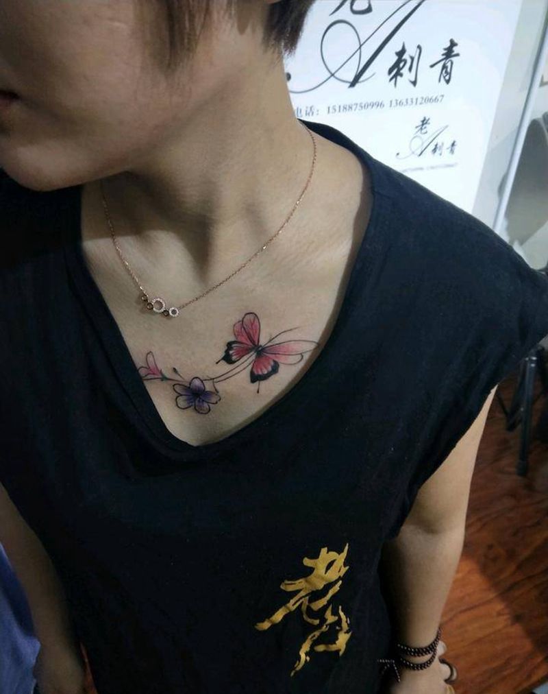 舞纹身图片_胸部清新动物成品纹身图案