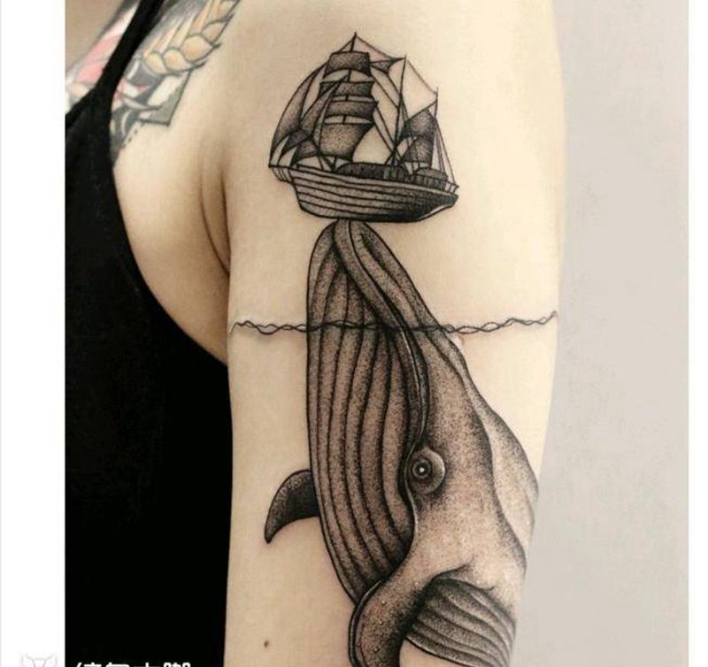 点刺风格鲸鱼纹身图片_手臂点刺几何纹身图案