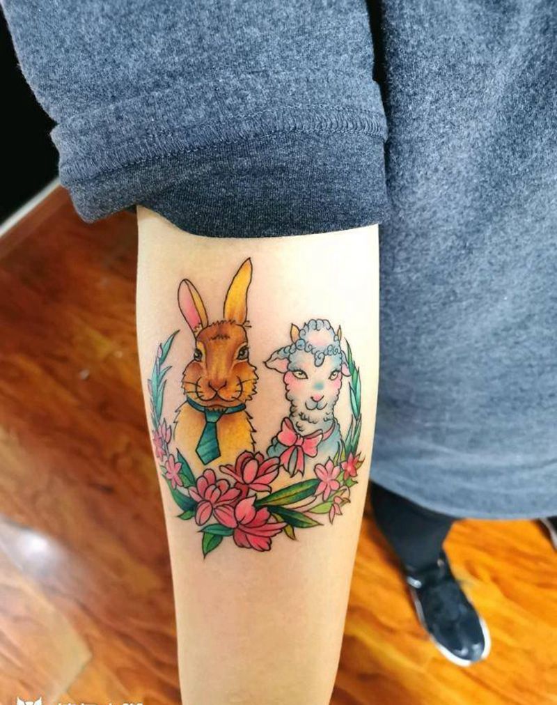 兔先生纹身图片_手臂水彩兔 羊纹身图案