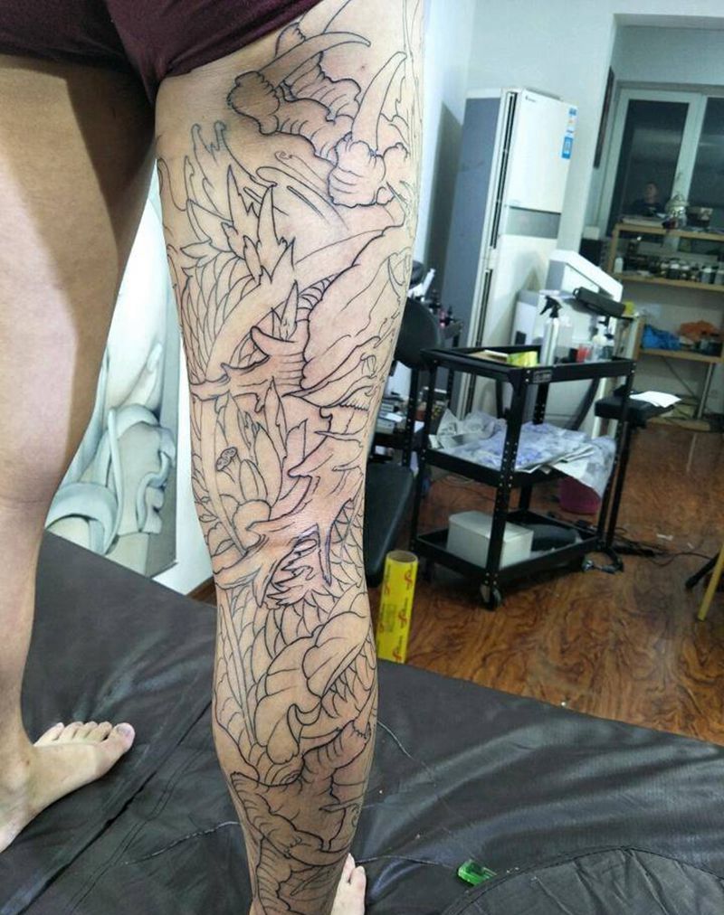 花腿龙线条纹身图片