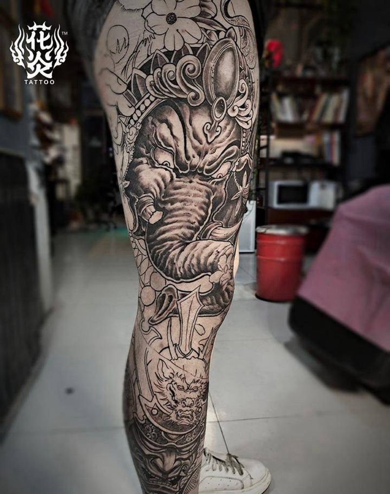象神花腿纹身图片_腿部新传统象神纹身图案