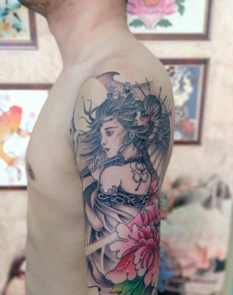 艺妓纹身图片_手臂新传统纹身图案