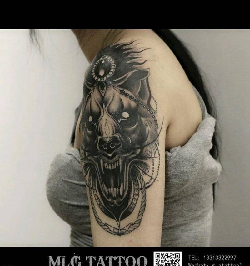 狼头纹身图片_手臂New School纹身图案