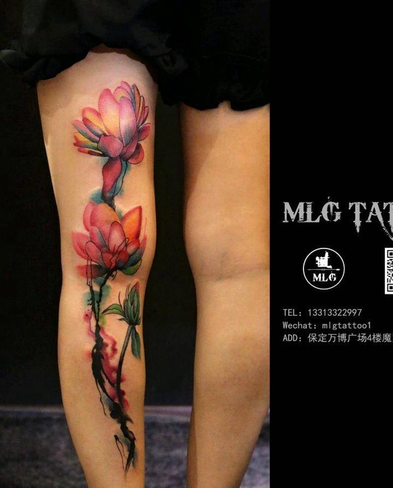 遮盖作品纹身图片_腿部水彩纹身图案