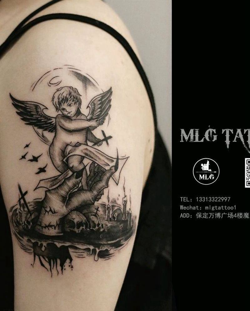 暗黑天使纹身图片_手臂欧美写实纹身图案