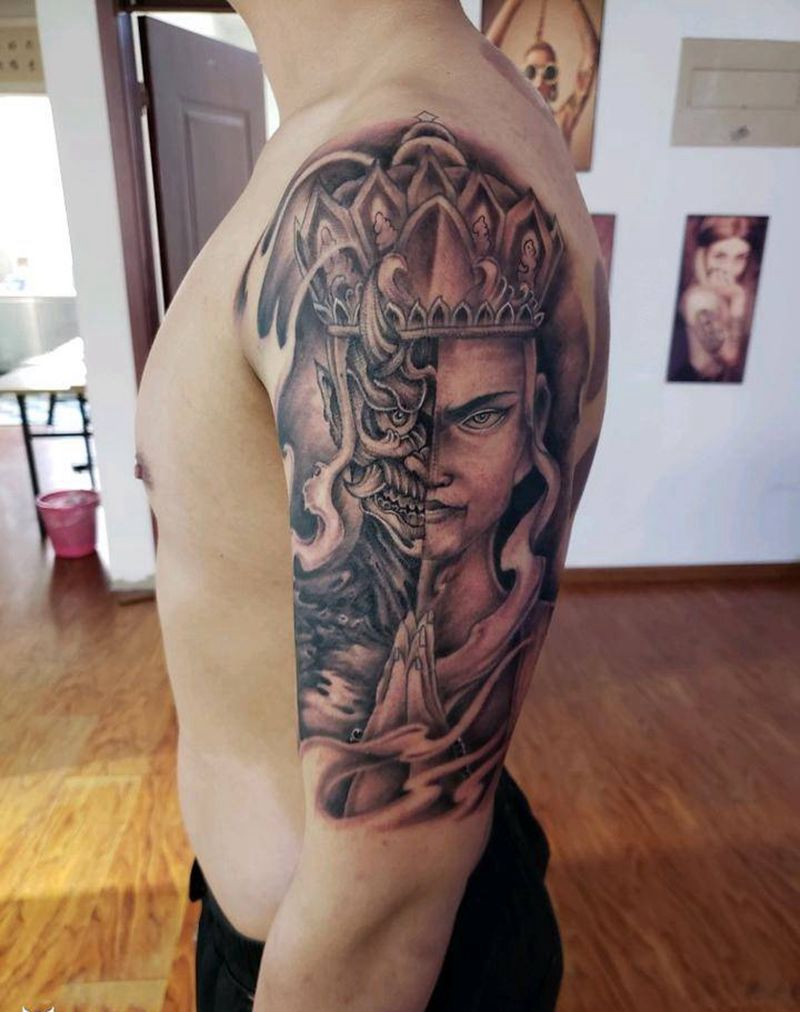 一念之间佛魔纹身图片_手臂老传统纹身图案