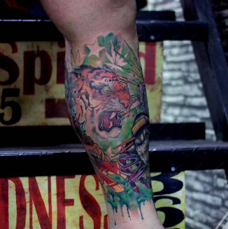 School 包腿纹身图片_成品腿部欧美纹身图案