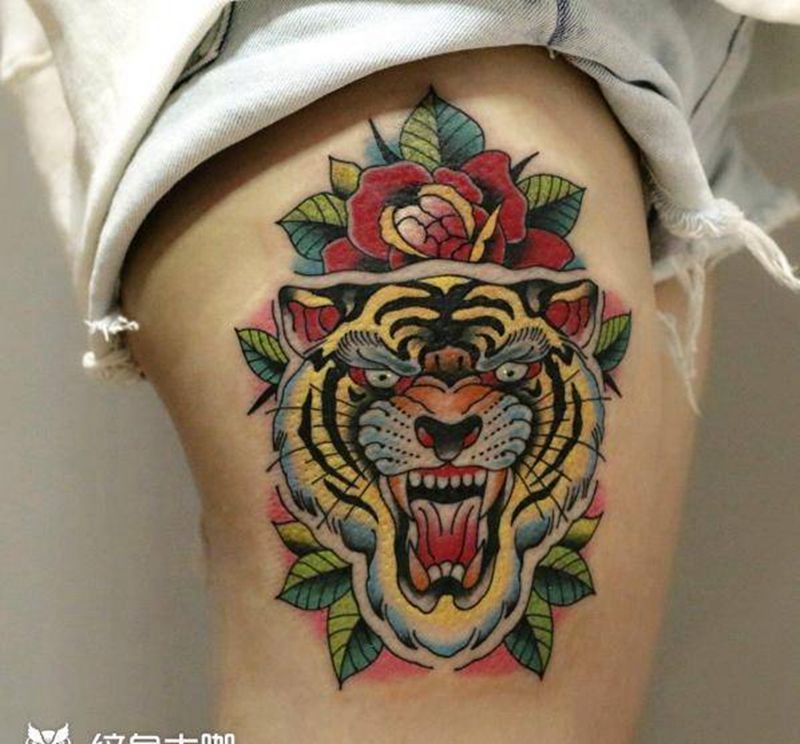 old school虎头纹身图片_腿部Old School纹身图案