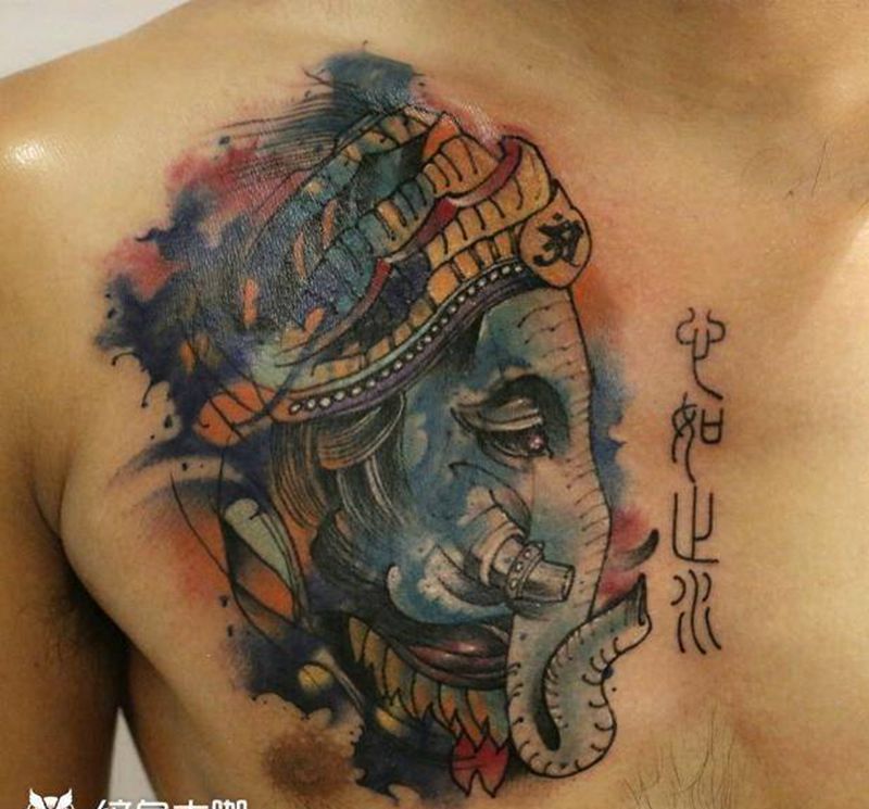 遮盖作品 象神纹身图片_胸部新传统老传统纹身图案