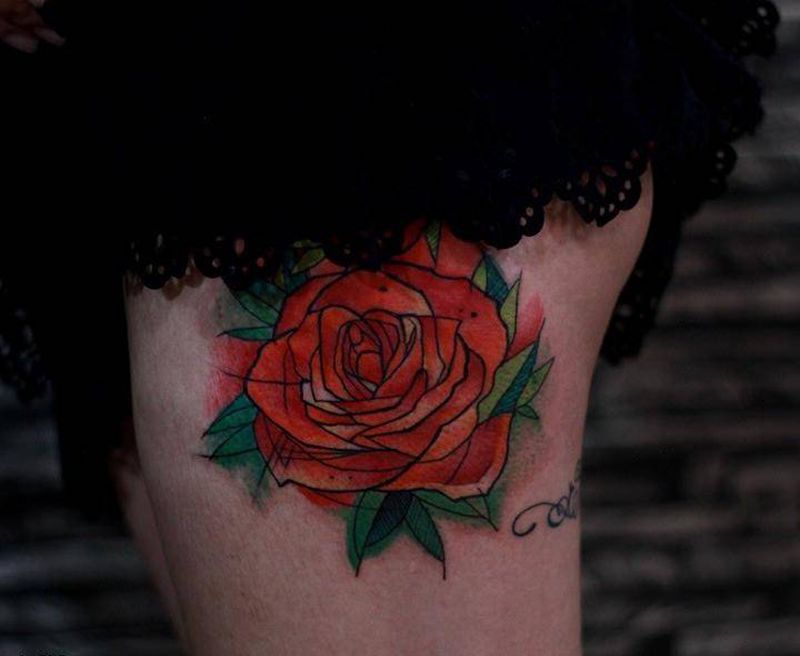 短裙下的花花世界纹身图片_成品腿部清新写实植物原创遮盖静物纹身图案