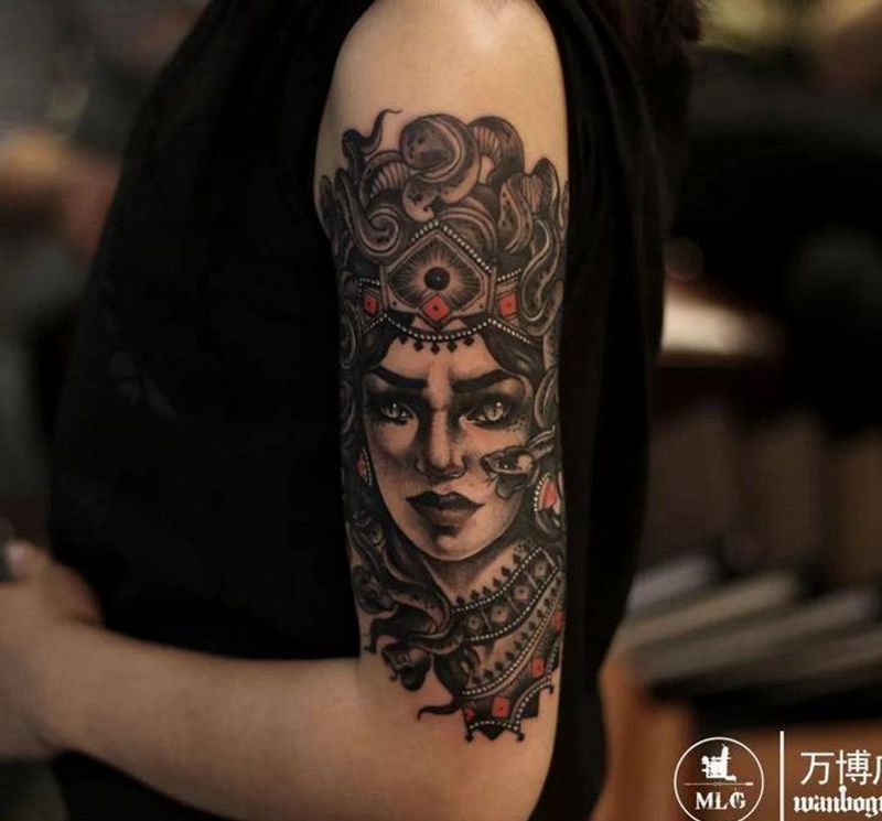 美杜莎纹身图片_成品手臂欧美人物纹身图案